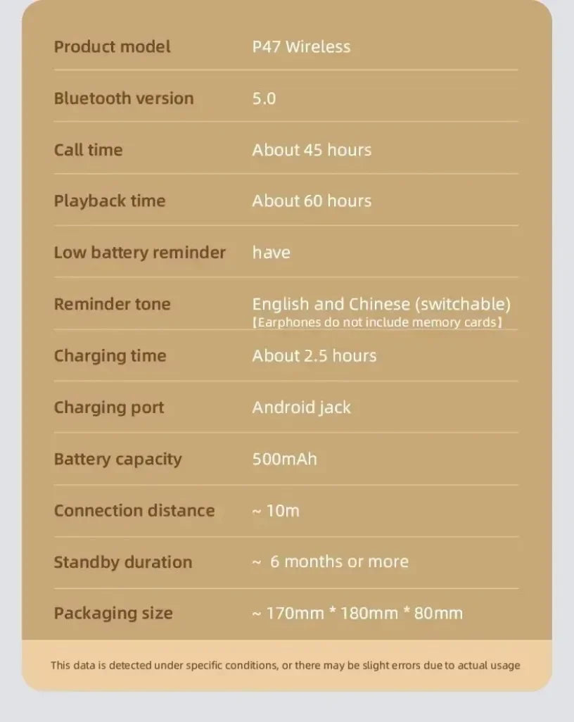 P47 Headset 5.0 Bluetooth Headset Folding