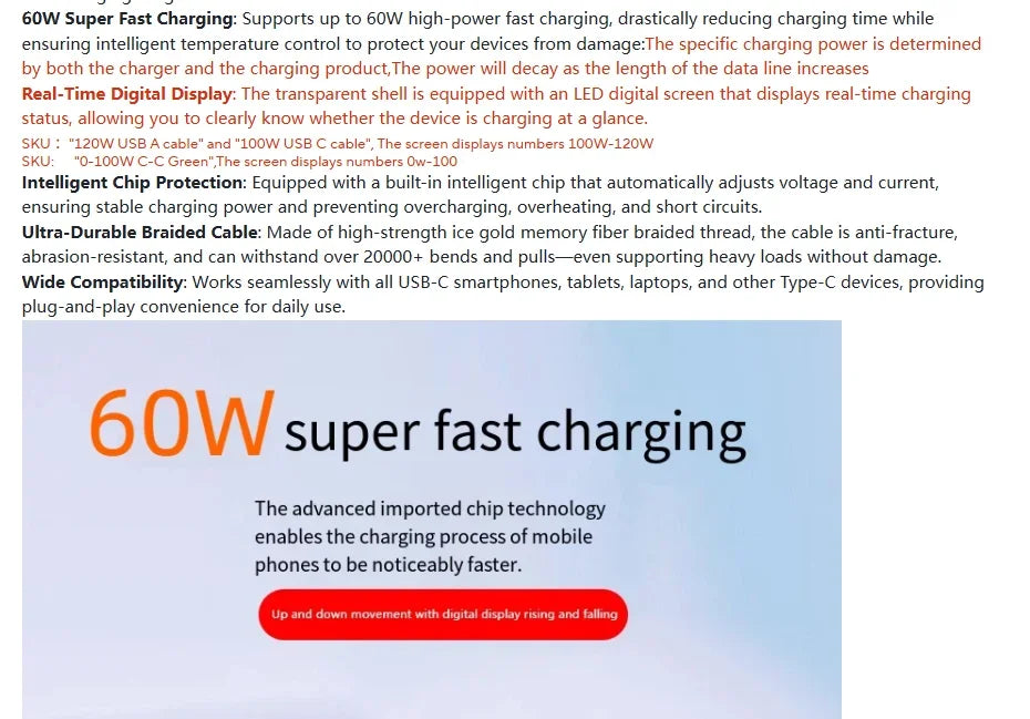USB-C Super Fast Charging Cable with Digital Display